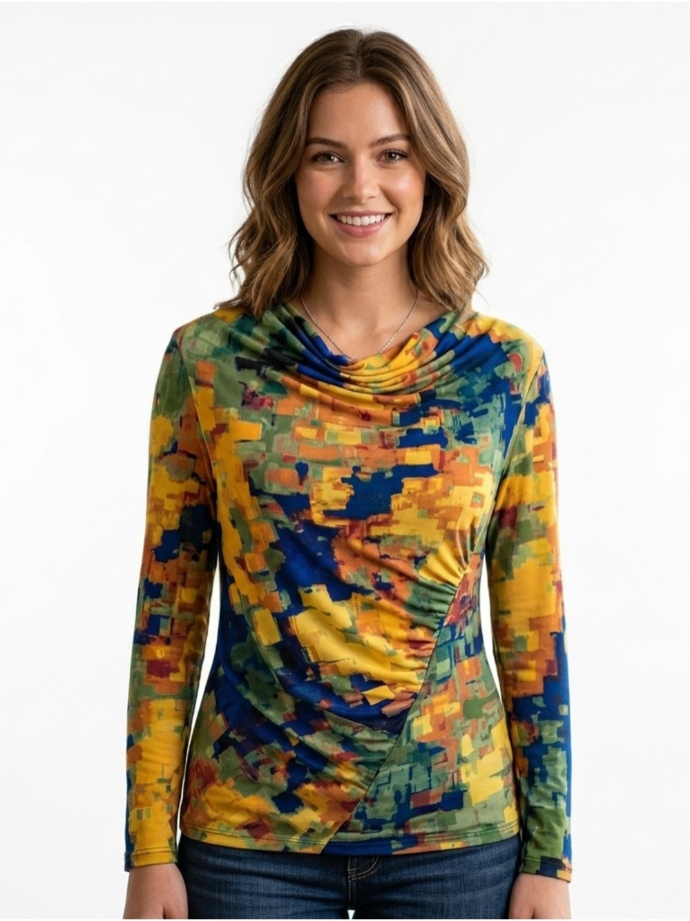 Cowl Neck Abstract  ruched Print Tunic Top in gold & navy XL